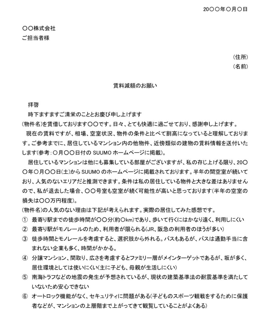 賃料減額交渉書