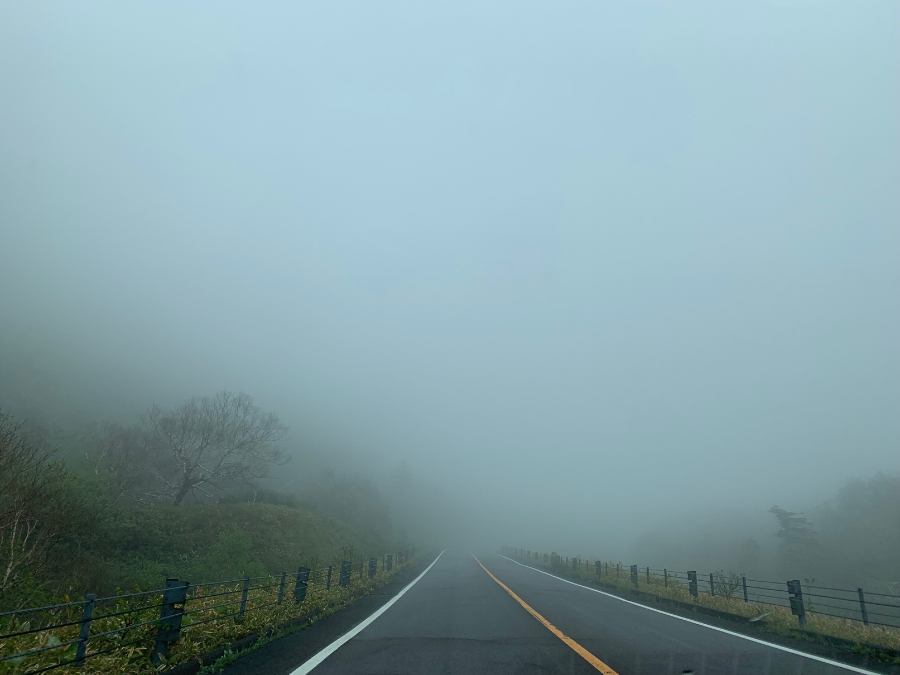 霧がかかっている知床横断道路